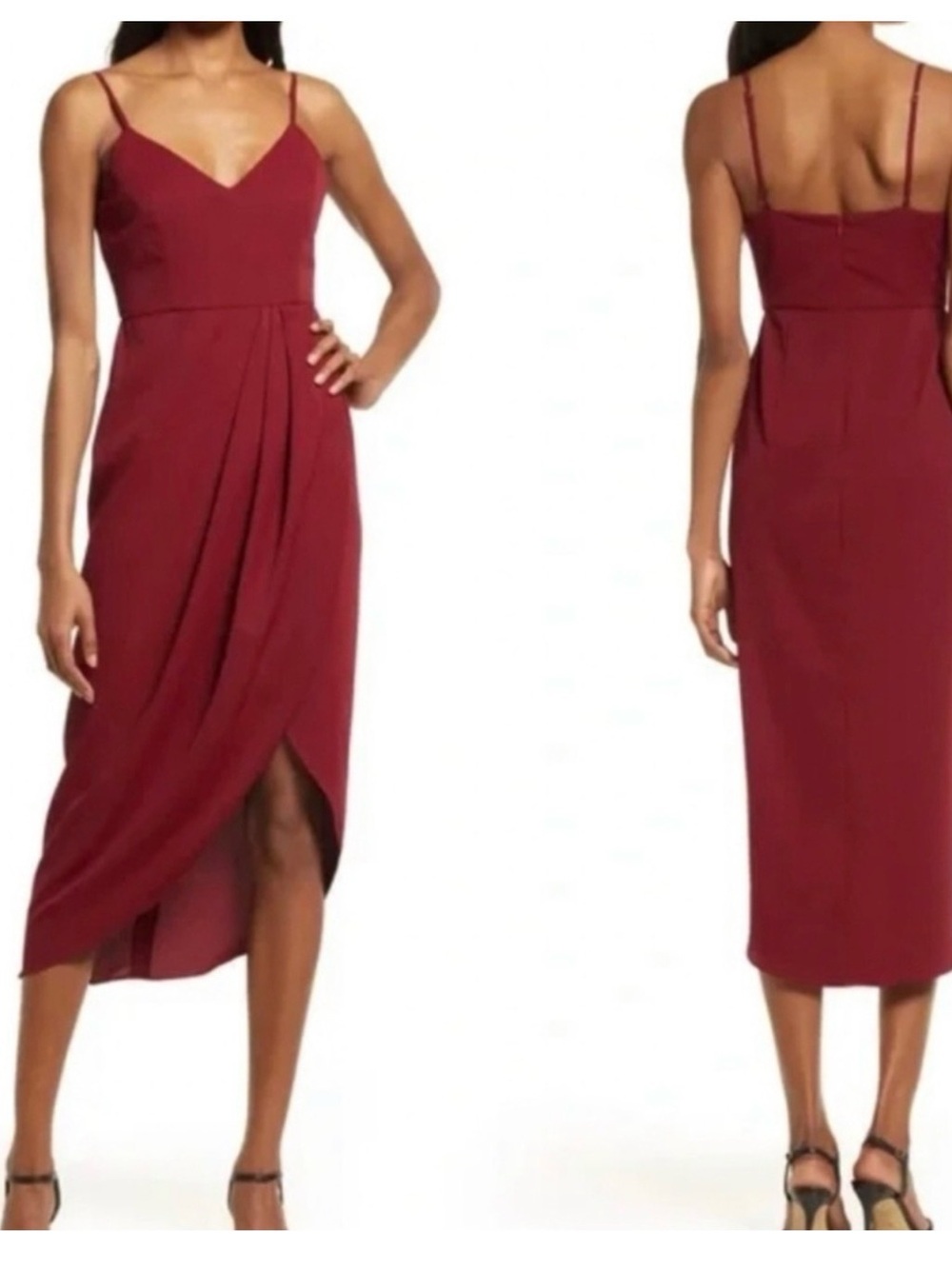 Lulu's Burgundy Spaghetti-Strap Tulip Midi Dress